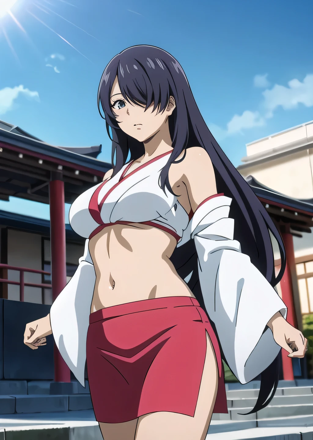  kanu unchou, anime cels style, large breasts:, beautiful face, black hair, long hair, ((hair over one eye)), blue eye, masterpiece, best quality, highly detailed, bare shoulder,open kimono, crop top , (nsfw) not safe for work, 
ecchi anime style, anime girls, ecchi style, ecchi, digital anime art!!, in anime style, official artwork, visual
novel cg, beautiful anime girl, anime style 4 k, kimono pencil skirt, exposed belly, exposed navel,
exposed midriff, exposed lower belly, outdoor, japanese architecture, temple