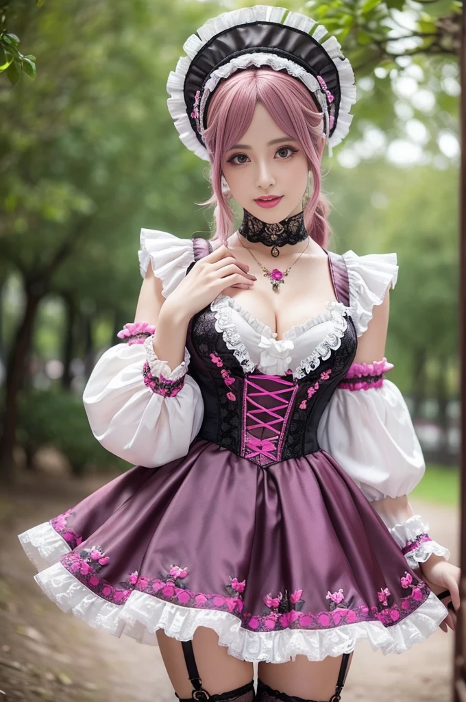 (nsfw), sexy stylish Swedish model, only 1 female, ((doll-like appearance)), short neon pink stylish hair, ((shiny Victorian-Style boots)), (big smile), ultra detailed eyes, vivid eye makeup, lip-gloss, long lashes, defined eyebrows, ((sexy Paradise Kiss cosplay)), bell-shaped skirt, petticoats, high neckline, puffed sleeves, ((ultra detailed lace)), ((ultra detailed embroidery)), intricate details, Paradise Kiss accessoires and matching headpiece, choker, ((large sparkling Paradise Kiss jewelry)), cinematic light, detailed large park background with trees