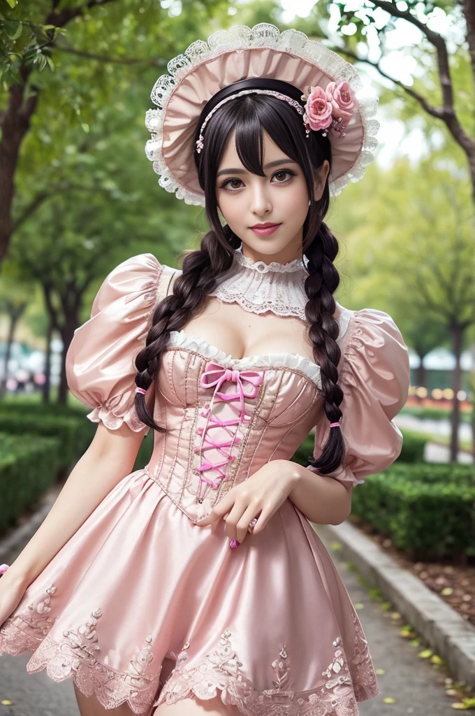 a close up of a woman in a pink dress with black bows, a colorized photo by Ayami Kojima, tumblr, renaissance, ta style, romantic dress, loliashion, black and pink dress, magical dress, cute dress, dreamy style, pink and black, fantasy dress, rococo dress, victorian gothic lolita fon, beautiful dress, full dress, whimsical and cute