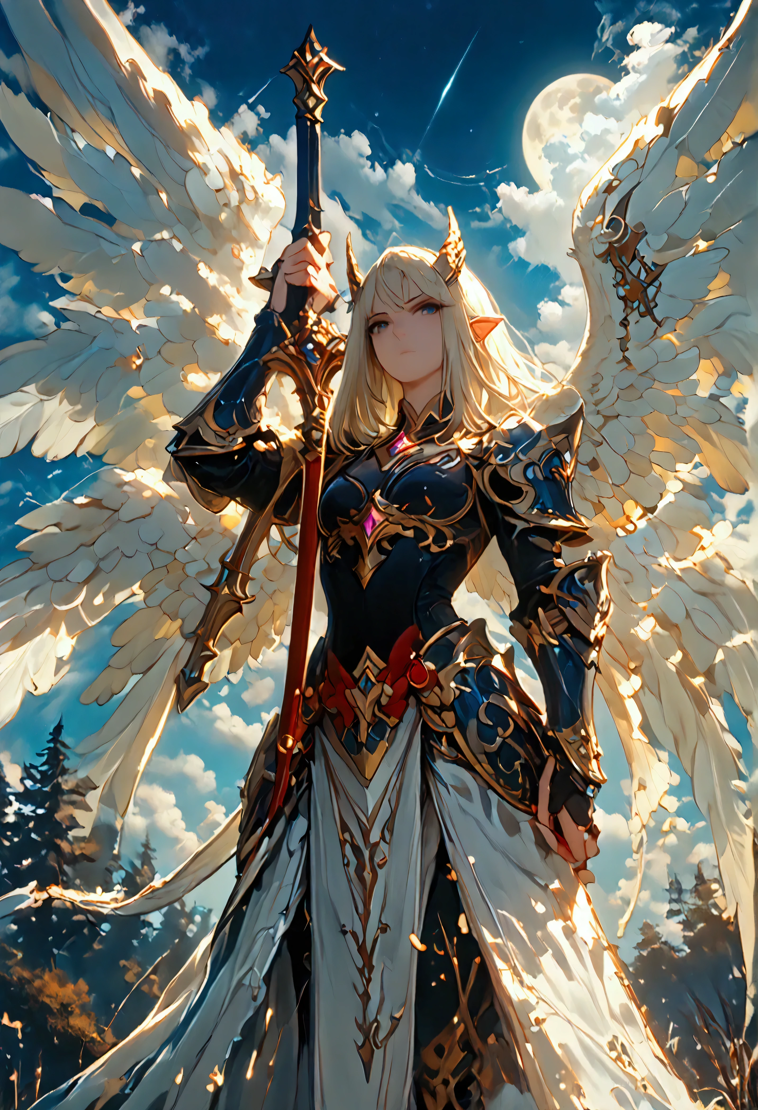 score_9, score_8_up, score_7, an epic fantasy art portrait of aasimar, female, paladin ready for battle under the full moon, holy warrior, spread large feathered wings, majestic wings, white angelic wings spread (Masterpiece, intense details: 1.5), moon light, moon, stars, clouds, holy symbol, armed with a divine sword, wearing holy armor, dynamic hair color, dynamic hair style, dynamic skin complexion, dark fantasy (forest background: 1.3), many trees, under the moonlight, some stars in the sky, some clouds, moon rays, determined face, god rays, cinematic lighting, glowing light, silhouette, from outside, photorealism, panoramic view (Masterpiece 1.3, intense details) , Wide-Angle, Ultra-Wide Angle, 16k, highres, best quality, high details, 16K, ultra detailed, masterpiece, best quality, (extremely detailed), arafed, dnd art, portrait, full body, magical sky, cloud, sky, hkstyle