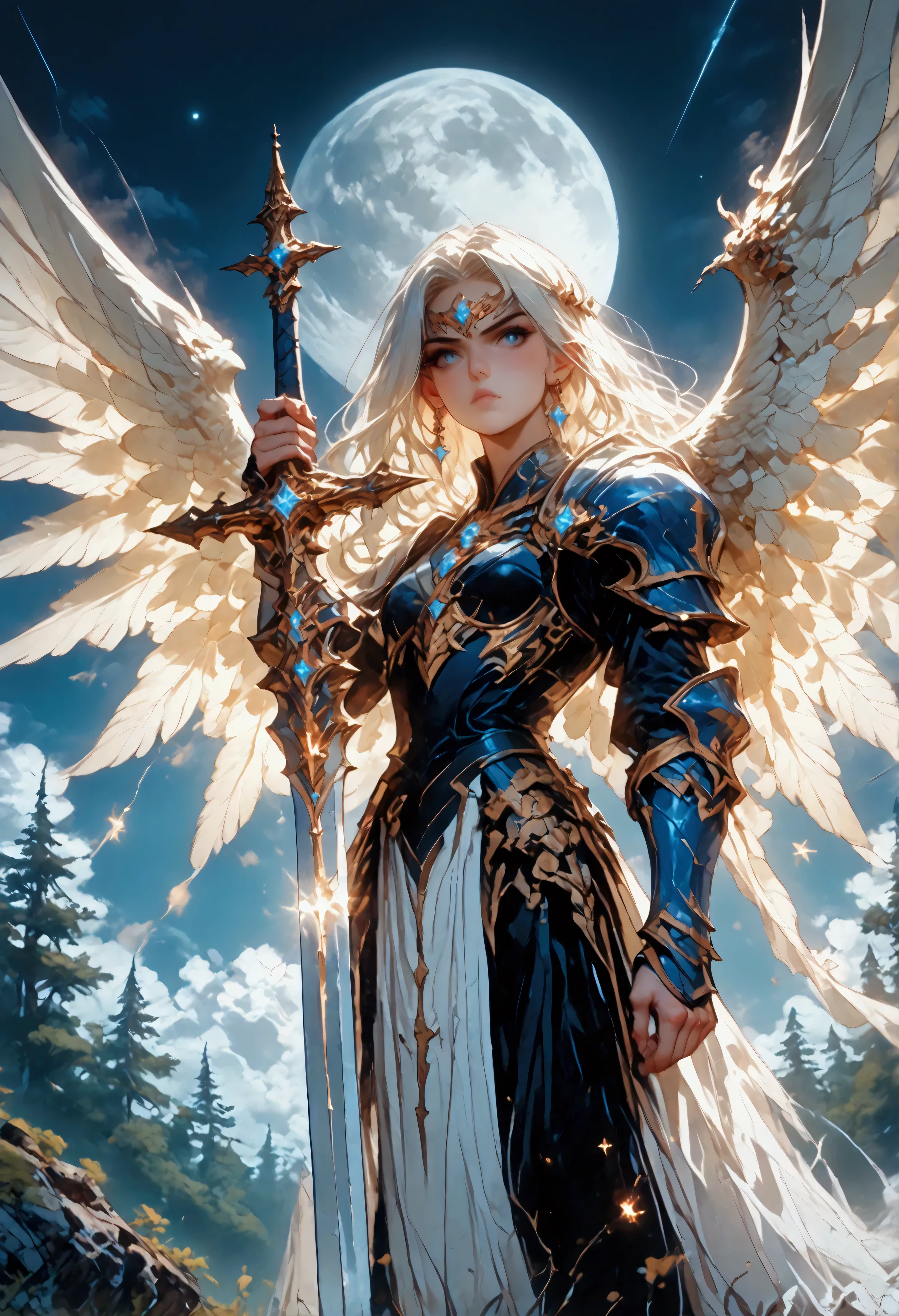 score_9, score_8_up, score_7, an epic fantasy art portrait of aasimar, female, paladin ready for battle under the full moon, holy warrior, spread large feathered wings, majestic wings, white angelic wings spread (Masterpiece, intense details: 1.5), moon light, moon, stars, clouds, holy symbol, armed with a divine sword, wearing holy armor, dynamic hair color, dynamic hair style, dynamic skin complexion, dark fantasy (forest background: 1.3), many trees, under the moonlight, some stars in the sky, some clouds, moon rays, determined face, god rays, cinematic lighting, glowing light, silhouette, from outside, photorealism, panoramic view (Masterpiece 1.3, intense details) , Wide-Angle, Ultra-Wide Angle, 16k, highres, best quality, high details, 16K, ultra detailed, masterpiece, best quality, (extremely detailed), arafed, dnd art, portrait, full body, magical sky, cloud, sky, hkstyle