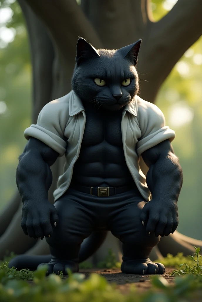 Male panther furry squat pose legs open look front blue pink background green eyes blue pink background jeans and blue shirts tail