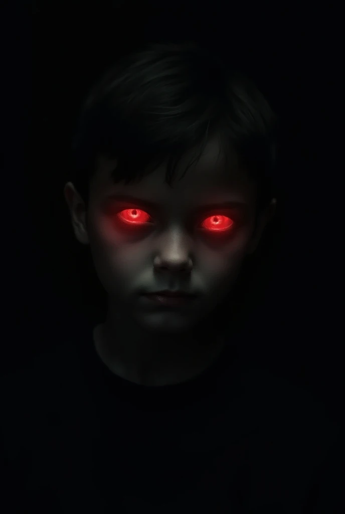 Black and white image of creepy boy with black eyes and red eye ires 