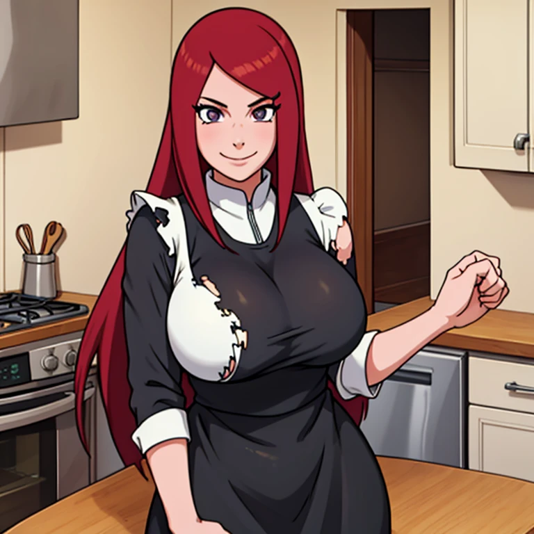 masterpiece，  the best quality at the best price， (1 girl)，  Kushina Uzumaki ，  big breasts shirt，（neckline)，（ full body wool sweater)，Sexy maid，smile， long maroon hair , （ pale purple eyes :1.4)，The kitchen, Busty figure, only an apron ,  detailed face , big butt, torn clothes,  big breasts shirt,  hands in the ass, annoyed, Surprised 