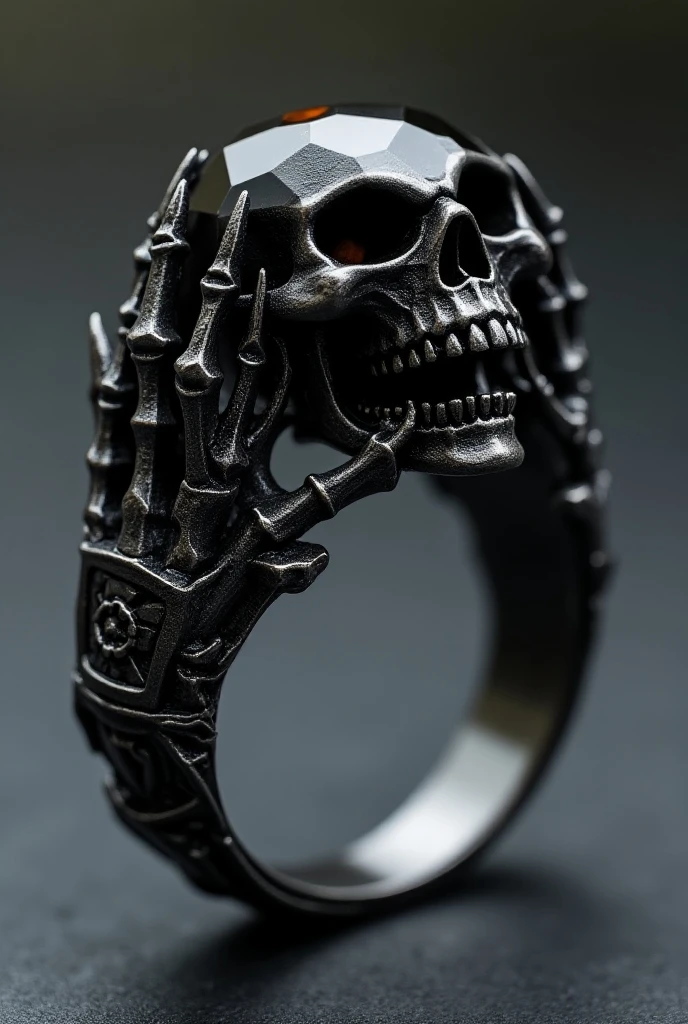 (masterpiece:1.3), (8K, photorealistic, Raw photo, best quality:1.4), Place a detailed and ornate ring featuring a skull with intricate Aztec-inspired designs partially buried in rich, textured sand or dark, earthy soil. The background should maintain an elegant and moody atmosphere, with the ring appearing as if it has been unearthed or discovered in a luxurious yet mysterious environment. Use soft, directional lighting to create subtle highlights on the metallic surfaces, emphasizing the craftsmanship while casting natural shadows in the surrounding sand or soil. The composition should still focus on the ring as the central element, with the textured earth adding a sense of history and depth to the scene. Consider including hints of gold or silver reflections in the sand or soil to complement the luxurious feel of the jewelry.