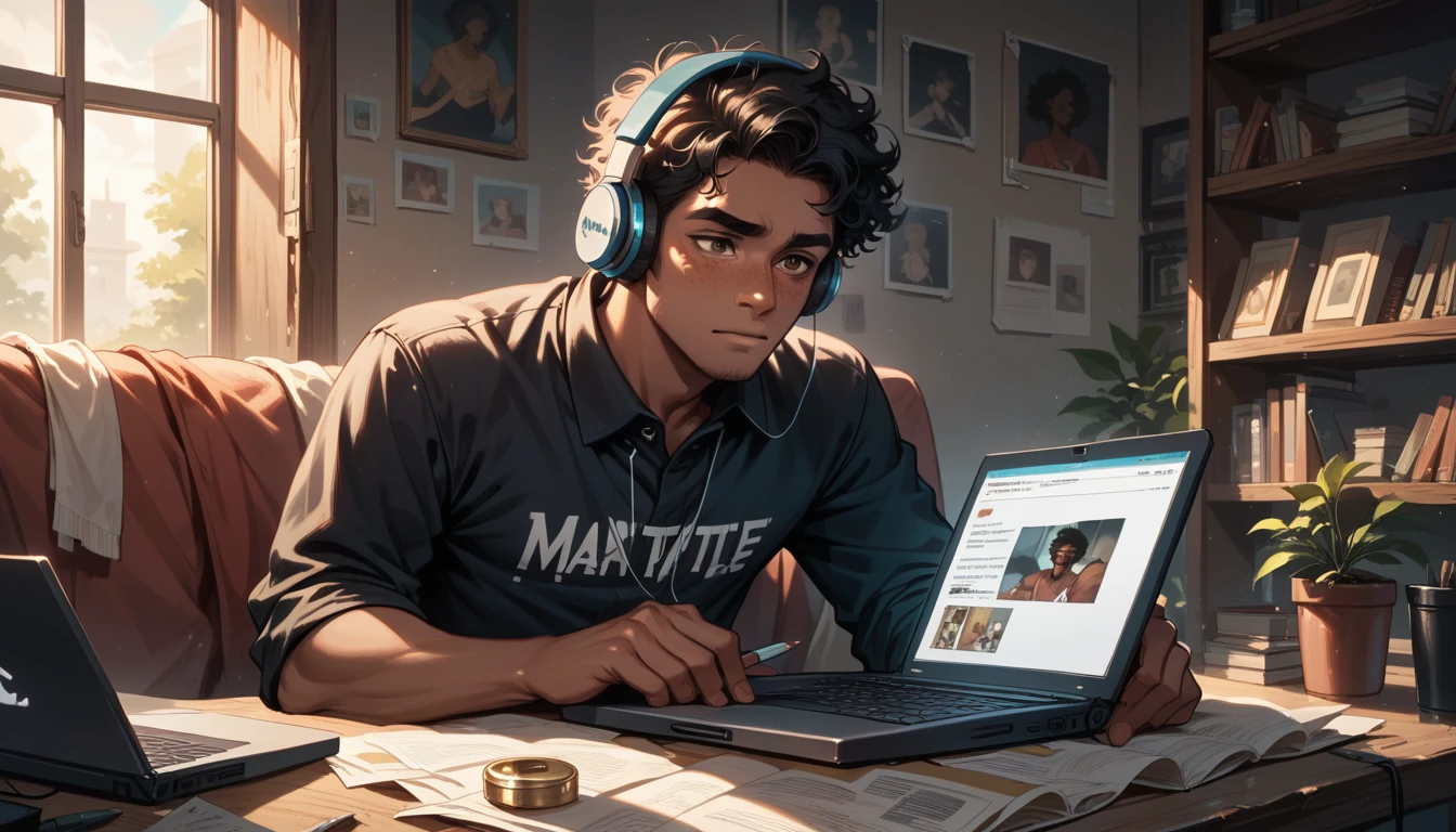 A black boy with dark skin, curly black hair and brown eyes, he has freckles on his face. He is in his room, with his laptop studying or investigating something, he has headphones on and is very concentrated. ((Masterpiece)), ((High Resolution)), 4K