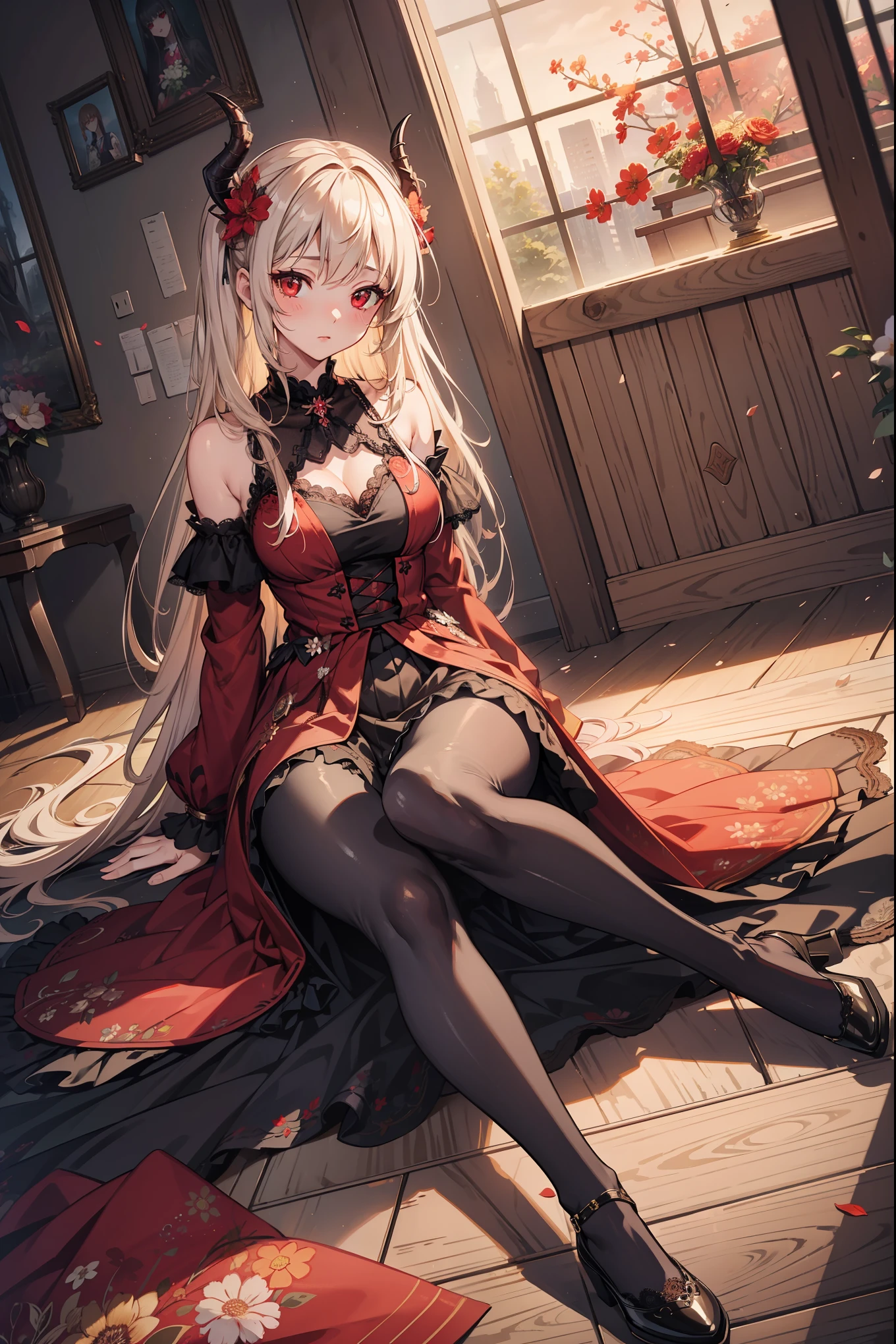 (Extremely detailed CG unification),Detailed clothes, masterpiece, Extremely delicate and beautiful, full-body shot, 1 Girl, Sitting, Messy hair, Beautiful and delicate eyes,Red eyes, Lace pantyhose,Floral scent,Succubus's horns,Shoes for girls,Avoid extra feet,Bloody Gothic Tight Long Skirt,Damaged clothes,Broken creative scene