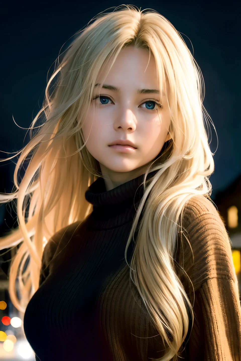 Best quality, masterpiece, ultra high res, (photorealistic:1.4), raw photo, 1girl, long hair, blonde messy hair, detailed eyes and face, frowning, brown sweater, medium breasts,  dynamic lighting, moon light, in the dark, floating hair, quiet street, deep shadow, low key, cowboy shot