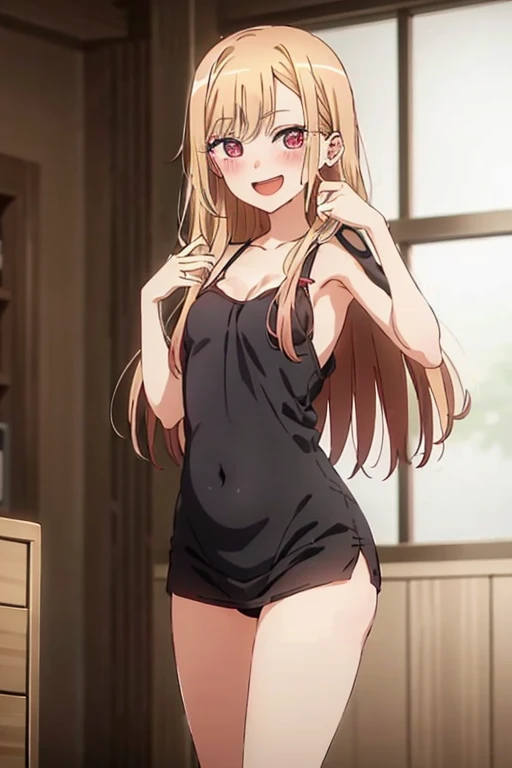 ((Best Quality)), ((masterpiece)), (be familiar with),  perfect face, indoor, bedroom,  watching viewers ,
One woman,  Kitakawa Kaiumi,
 characters with open mouth ,  ecstatic expression, blush, smile,
Small breasts,  flat chest, Young girl, Lori,  s,  girl,
Long Hair,  long hair,
Leg spread,