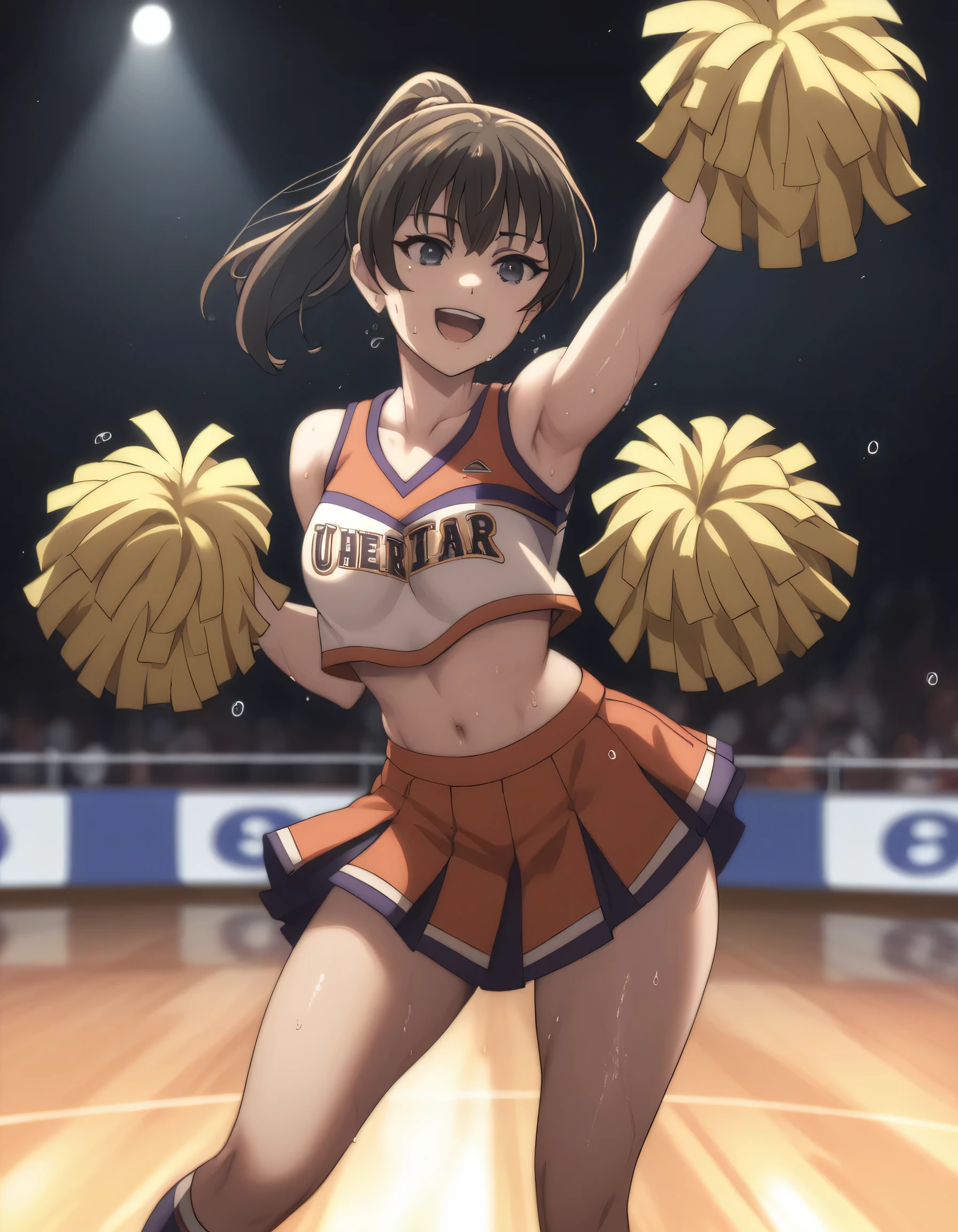 ((Highest quality)), ((masterpiece)), (detailed), (Perfect Face)、The woman is Reika Aoki with semi-long hair、The woman is wearing a sexy, attractive and provocative cheerleading costume and dancing the cheerleading with a smile.