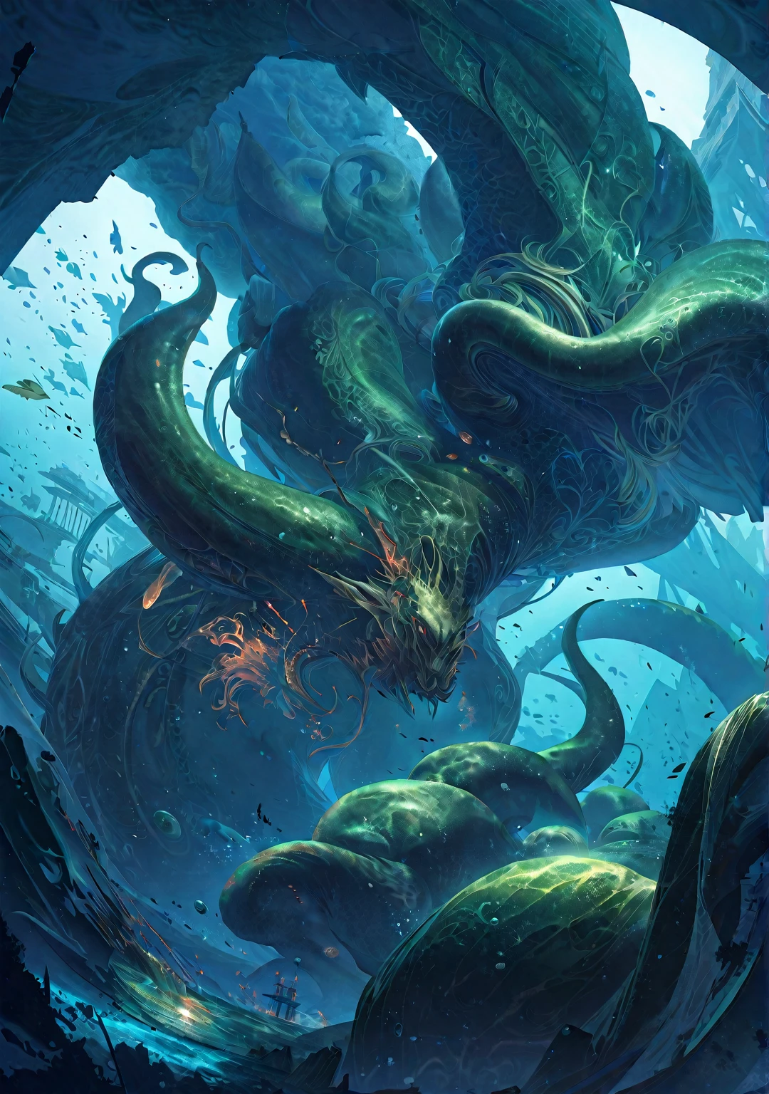 Soyanagi,hydra,(((9. Snake Head))),,(((Nine-headed serpent))),Lizard body,Scales all over the body,open your mouth,best quality person,master piece,ultra high resolution,finely,intricate details,8K resolution,8KUKG wallpapers,HDR,cinematic lighting effects,contrast of light and dark,ray tracing、NVIDIA RTX