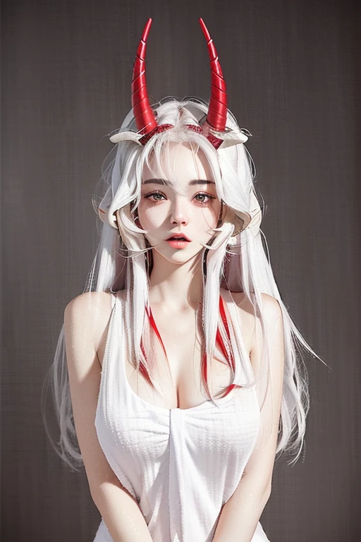(8k, RAW photo, best quality, masterpiece:1.2), 1girl, 3d, asian, breasts, cleavage, lips, looking_at_viewer,big breasts, navel, nose, realistic,cate eyes ,(realistic, photo realistic:1), kimono,white hair, red bull horn