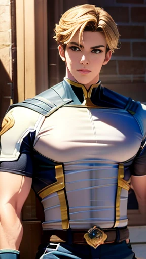 (High-definition CG), (Best Quality),   superhero with a beautiful body, Hero Costumes , Handsome and cool young man ,   Slim and Muscular  , The skin is brown,  blond hair, Frivolous