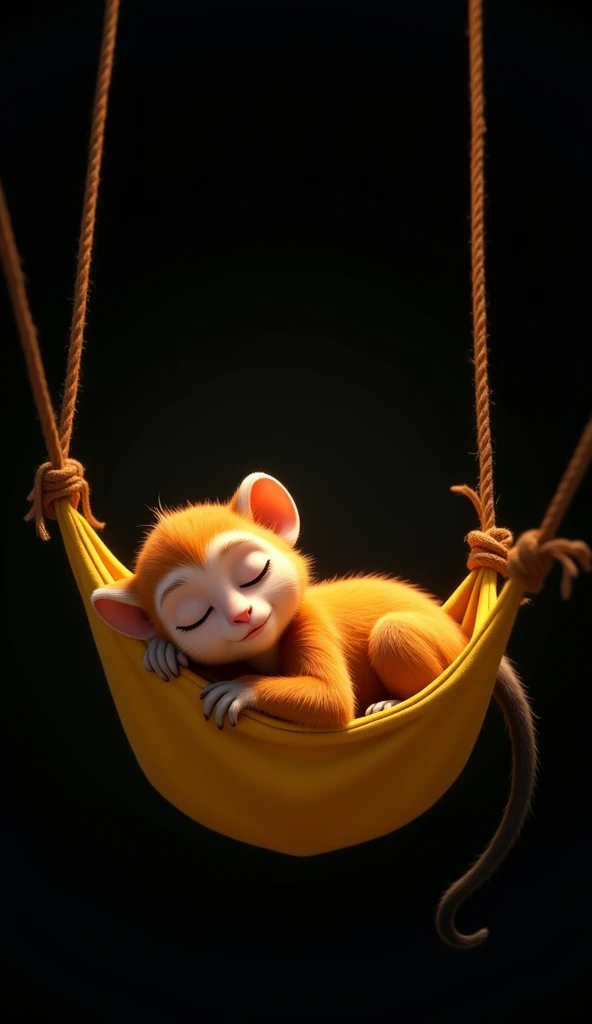 Create an image where a monkey Inspired by Disney Pixar cartoons, EYES CLOSED, SLEEP create a fun and funny image of A GOLDEN LION TAMARIN, CUTE, CUTE, LITTLE PUPPY, sleeping WITH ITS EYES CLOSED, HANGING, ALMOST FALLING FROM A YELLOW HAMMOCK HELD BY TWO ROPES FIXED TO THE CEILING, THE HAMMOCK IS SMALL LIKE IT AND LEAVES ARMS, LEGS AND TAIL OUT, THE BACKGROUND IS COMPLETELY BLACK.