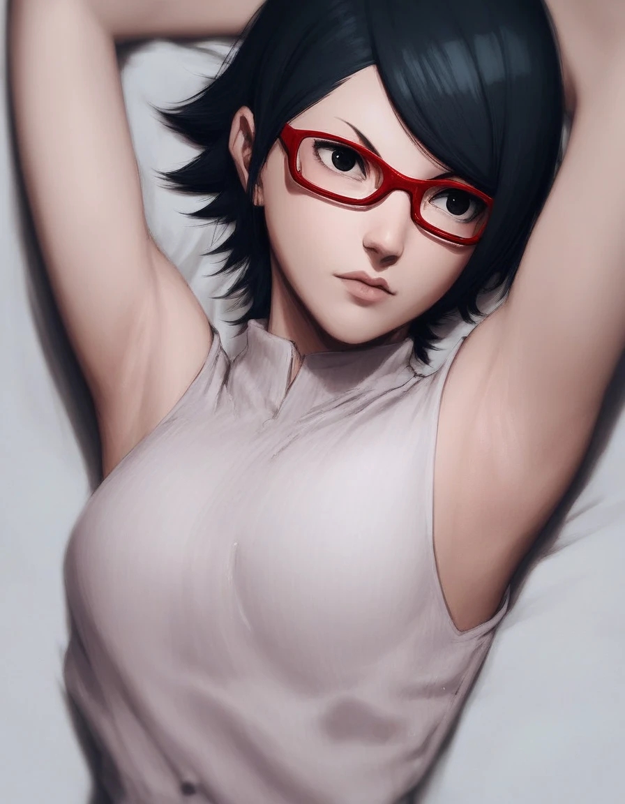 (sarada uchiha, short hair, black hair, black eyes, red-framed eyewear, glasses, swept bangs,(Armpit:1.3)，(スチーム，スチームimg:1.1)， 赤いドレス,