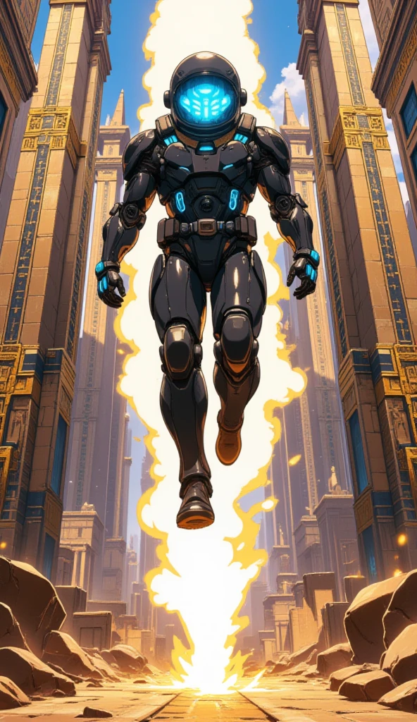  a man.  Dressed in a robotic astronaut outfit .  It's landing on a city made of ancient Egyptian gold .  Your feet emit a terrifying plasma aura when it lands. A futuristic city with Egyptian ornaments . 
 (Anime style 32K, HDR, UHD, intricate detail, extremely intricate detail, hyperrealistic, extremely realistic, high quality, vivid color, extremely detailed).