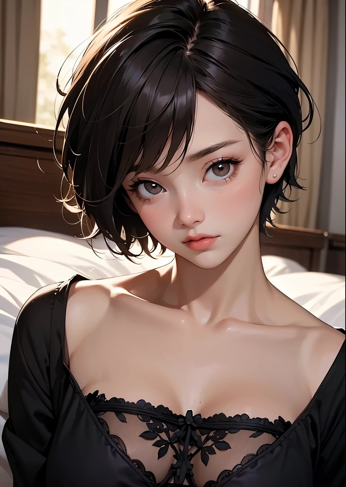(((Masterpiece))), (((official portrait))), black hair, diffused light, dynamic shadows, sharp focus, realistic, detailed, highres, absurdres, white background, no bra, photorealistic, lifelike, steamy, sweaty, blushing, sleeveless, youthful appearance, moaning, lip gloss, armpit, head tilt, head facing viewer, (((looking at viewer))), (((bare skin))), ((slim)), ((sweet looking)), ((medium chest)), submissive