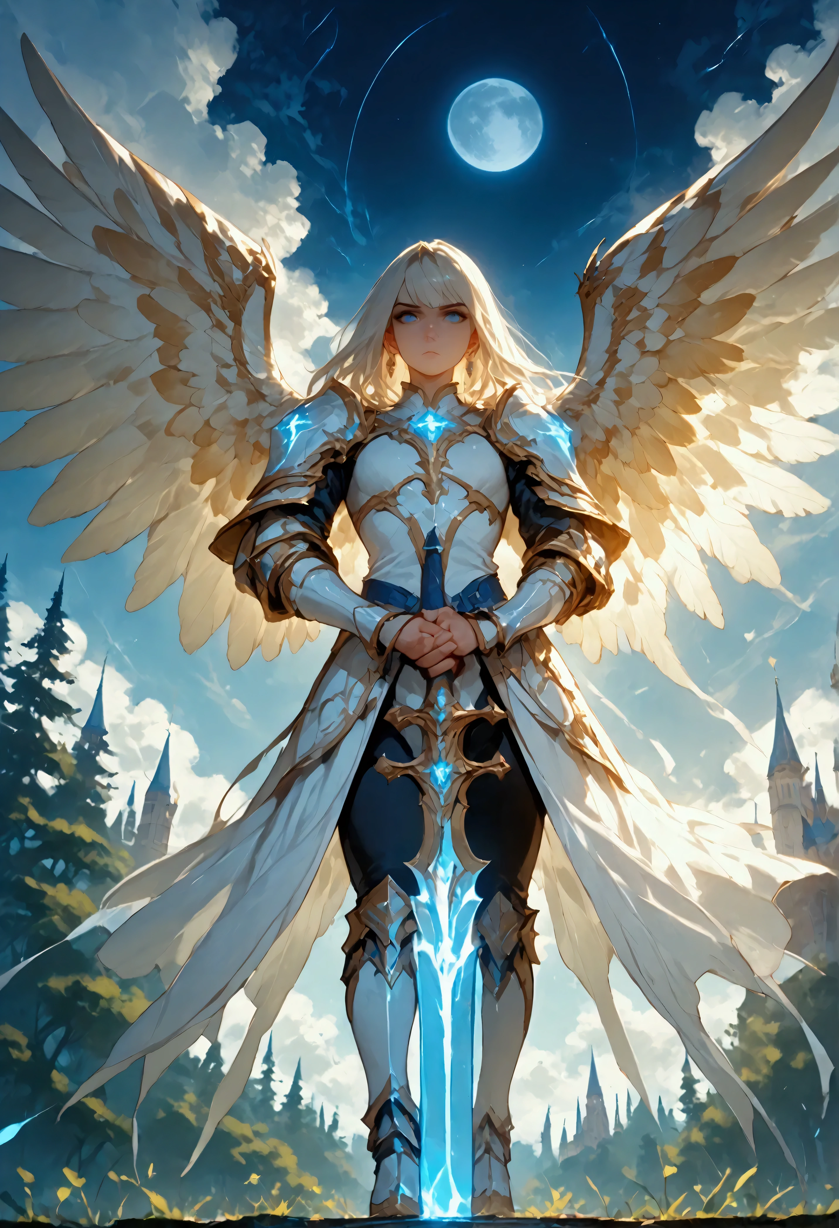 score_9, score_8_up, score_7, an epic fantasy art portrait of aasimar, female, paladin ready for battle under the full moon, holy warrior, spread large feathered wings, majestic wings, white angelic wings spread (Masterpiece, intense details: 1.5), moon light, moon, stars, clouds, holy symbol, armed with a divine sword, wearing holy armor, dynamic hair color, dynamic hair style, dynamic skin complexion, dark fantasy (forest background: 1.3), many trees, under the moonlight, some stars in the sky, some clouds, moon rays, determined face, god rays, cinematic lighting, glowing light, silhouette, from outside, photorealism, panoramic view (Masterpiece 1.3, intense details) , Wide-Angle, Ultra-Wide Angle, 16k, highres, best quality, high details, 16K, ultra detailed, masterpiece, best quality, (extremely detailed), arafed, dnd art, portrait, full body, magical sky, cloud, sky, hkstyle