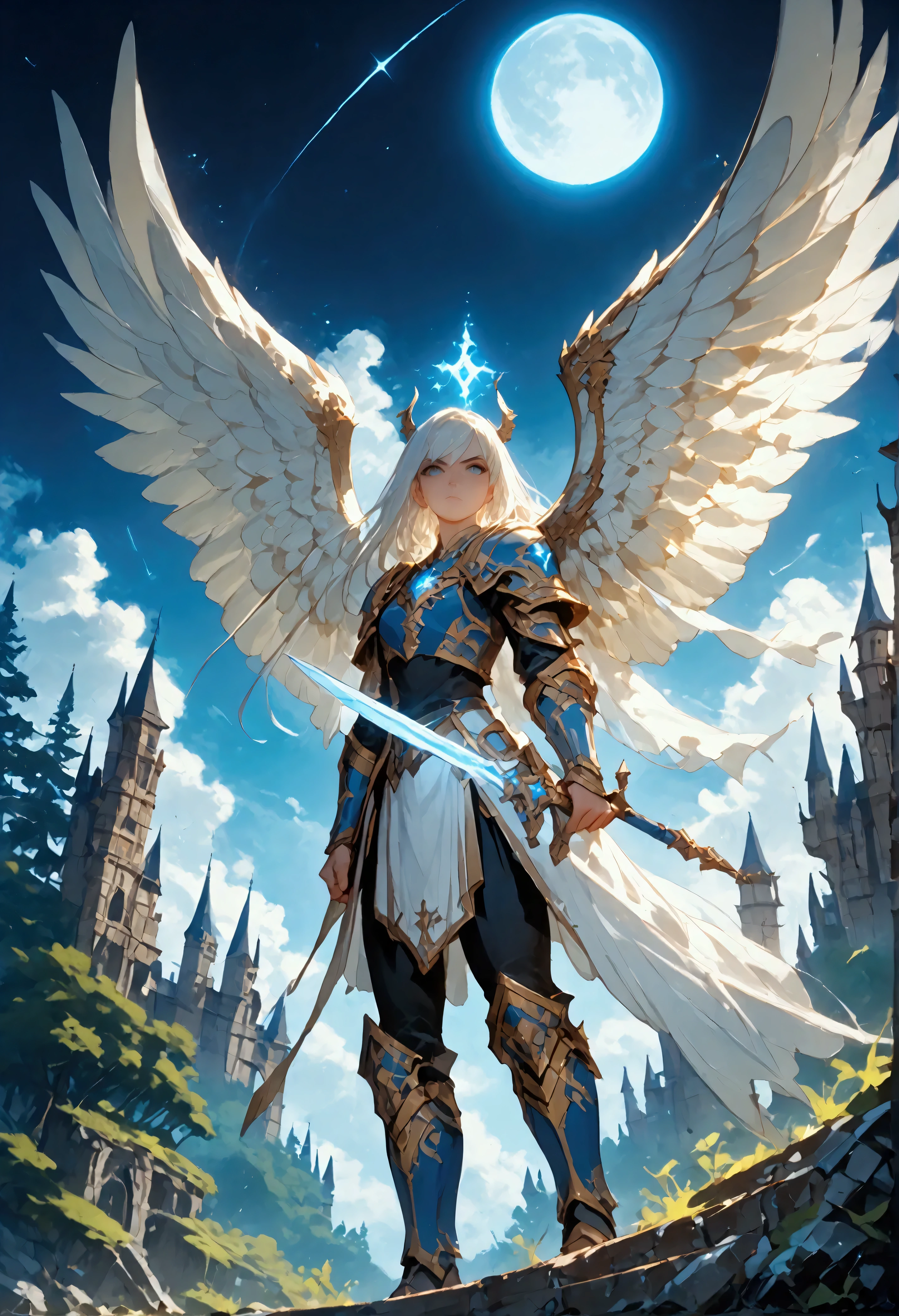 score_9, score_8_up, score_7, an epic fantasy art portrait of aasimar, female, paladin ready for battle under the full moon, holy warrior, spread large feathered wings, majestic wings, white angelic wings spread (Masterpiece, intense details: 1.5), moon light, moon, stars, clouds, holy symbol, armed with a divine sword, wearing holy armor, dynamic hair color, dynamic hair style, dynamic skin complexion, dark fantasy (forest background: 1.3), many trees, under the moonlight, some stars in the sky, some clouds, moon rays, determined face, god rays, cinematic lighting, glowing light, silhouette, from outside, photorealism, panoramic view (Masterpiece 1.3, intense details) , Wide-Angle, Ultra-Wide Angle, 16k, highres, best quality, high details, 16K, ultra detailed, masterpiece, best quality, (extremely detailed), arafed, dnd art, portrait, full body, magical sky, cloud, sky, hkstyle