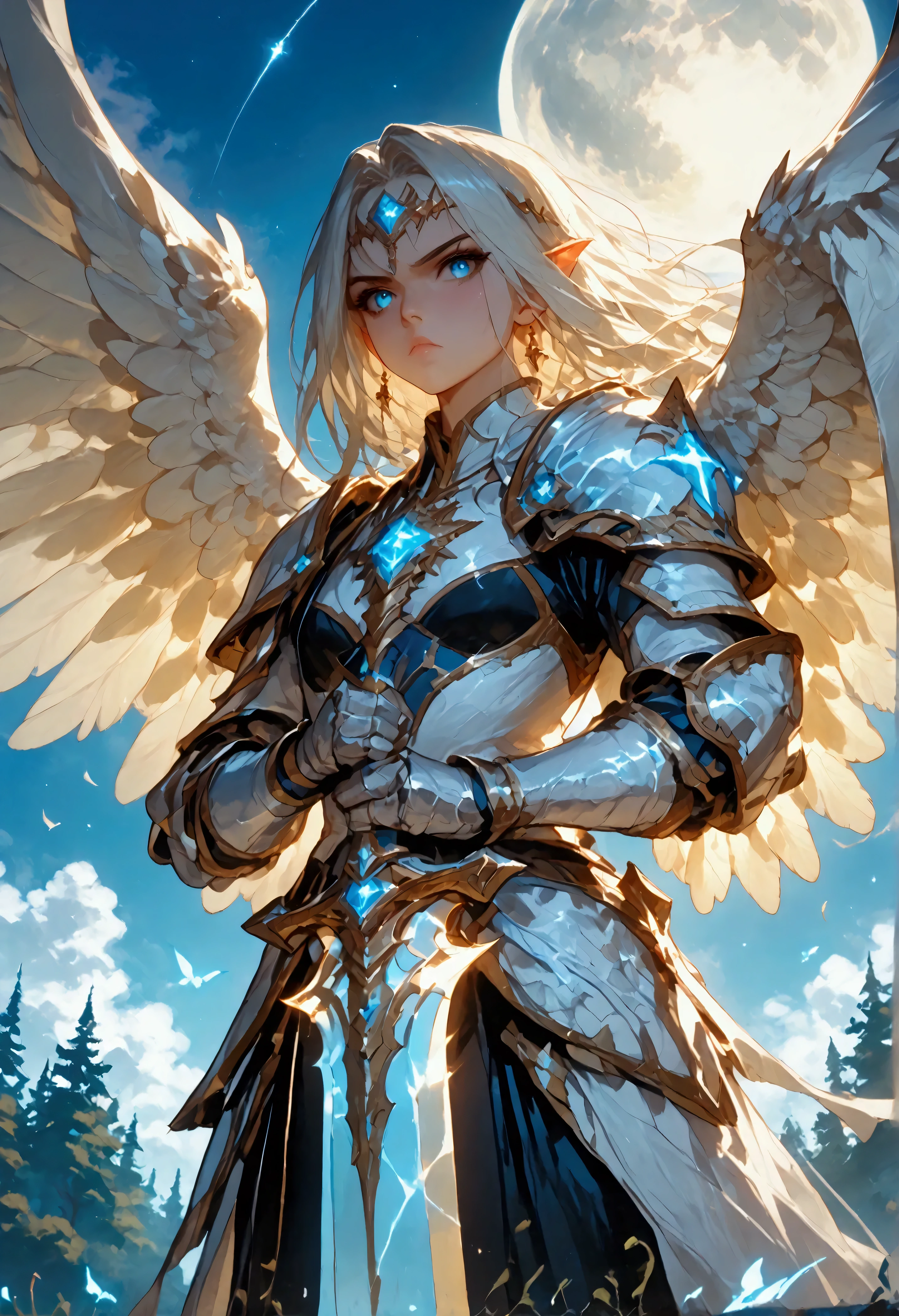 score_9, score_8_up, score_7, an epic fantasy art portrait of aasimar, female, paladin ready for battle under the full moon, holy warrior, spread large feathered wings, majestic wings, white angelic wings spread (Masterpiece, intense details: 1.5), moon light, moon, stars, clouds, holy symbol, armed with a divine sword, wearing holy armor, dynamic hair color, dynamic hair style, dynamic skin complexion, dark fantasy (forest background: 1.3), many trees, under the moonlight, some stars in the sky, some clouds, moon rays, determined face, god rays, cinematic lighting, glowing light, silhouette, from outside, photorealism, panoramic view (Masterpiece 1.3, intense details) , Wide-Angle, Ultra-Wide Angle, 16k, highres, best quality, high details, 16K, ultra detailed, masterpiece, best quality, (extremely detailed), arafed, dnd art, portrait, full body, magical sky, cloud, sky, hkstyle