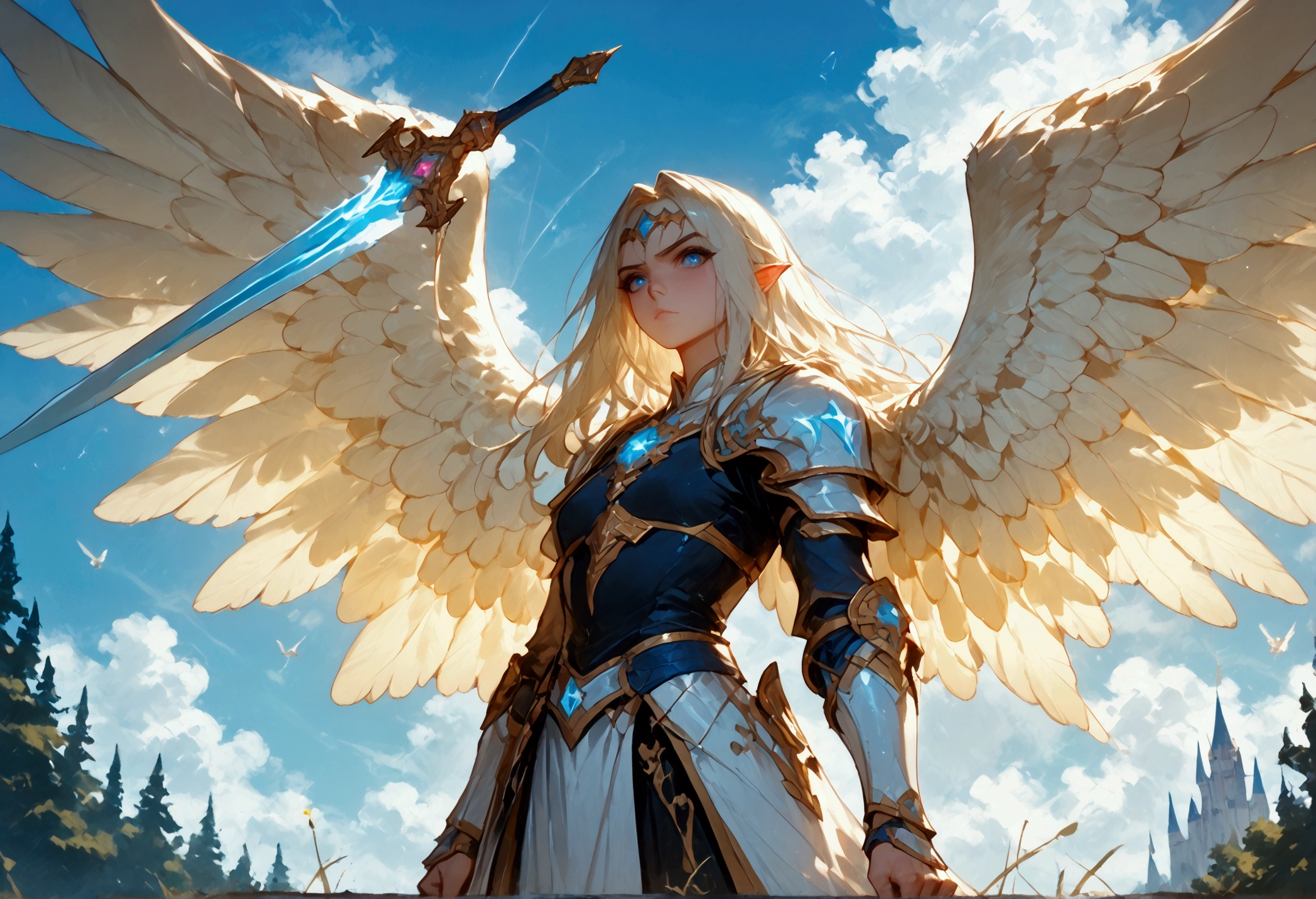 score_9, score_8_up, score_7, an epic fantasy art portrait of aasimar, female, paladin ready for battle under the full moon, holy warrior, spread large feathered wings, majestic wings, white angelic wings spread (Masterpiece, intense details: 1.5), moon light, moon, stars, clouds, holy symbol, armed with a divine sword, wearing holy armor, dynamic hair color, dynamic hair style, dynamic skin complexion, dark fantasy (forest background: 1.3), many trees, under the moonlight, some stars in the sky, some clouds, moon rays, determined face, god rays, cinematic lighting, glowing light, silhouette, from outside, photorealism, panoramic view (Masterpiece 1.3, intense details) , Wide-Angle, Ultra-Wide Angle, 16k, highres, best quality, high details, 16K, ultra detailed, masterpiece, best quality, (extremely detailed), arafed, dnd art, portrait, full body, magical sky, cloud, sky, hkstyle