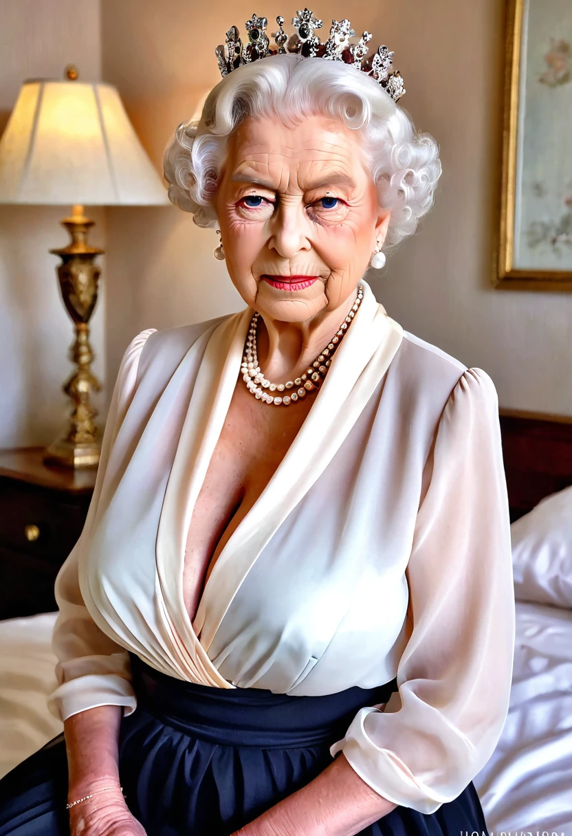 (gorgeous queen elizabeth 80yo:1.3), (huge saggy breast:1.3), (look at viewer:1.4), sitting on a bed, (wide cleavage:1.4), (sensual expression:1.4), (covered in cum on breasts:1.5), (((chiffon coral shirt with a deep collar necklane))), sand skirt, lipsticks, Pearl Necklace