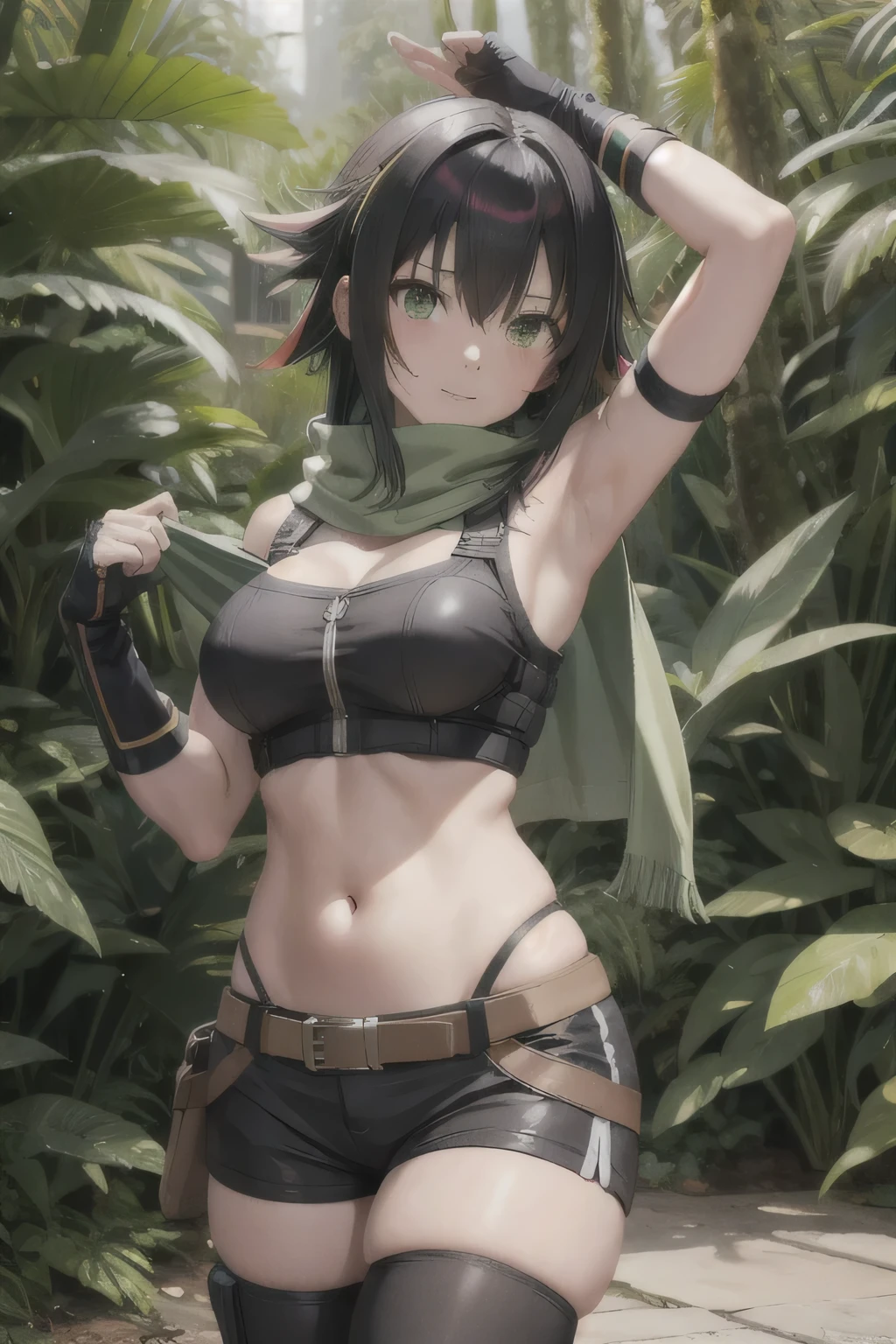 all realistic intrincate details, scarf, symmetrical face, character identical to lalatina from konosuba, crop top heavy bulletproof vest, unbuttoned shirt inside clothes, military cargo pants, hotpant, crop top, midriff, navel, stomach, fingerless coyote gloves, rainforest, oriental Chinese architecture, must raised armpit, long hair, bangs, black hair, hair ornament, firm breasts, bow, green eyes, multicolored hair, green hair, two-tone hair, streaked hair, masoquista, ninfomana y seductora profesional,random angle