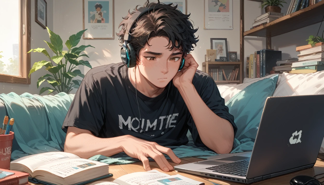 A black boy with dark skin, curly black hair and brown eyes, he has freckles on his face. He is in his room, with his laptop studying or investigating something, he has headphones on and is very concentrated. ((Masterpiece)), ((High Resolution)), 4K