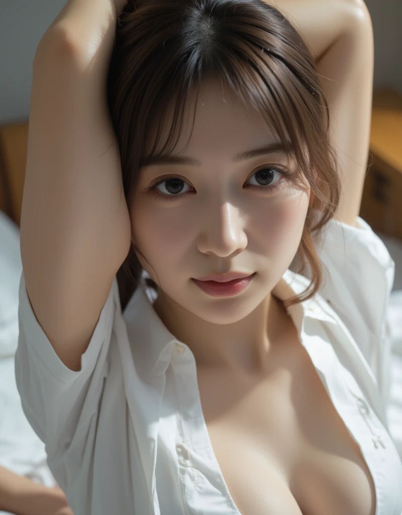 ulzzang-6500-v1.1, (Raw photo:1.2), (Photorealistic:1.4), Beautiful detailed girl, Very detailed eyes and face, Beautiful detailed eyes, Huge file size, (Big), High Resolution, Very detailed, Best quality, [Masterpiece:1.6], [JK Uniform], Illustration, Very detailed, CG, Fine detail, Best quality, Highly detailed CG uniform 8k wallpaper, movie lighting, 1 girl, ************, cute Japan high school girl, perfect figure, [unbuttoned white school blouse], large taut breasts, [huge breasts, heavy breasts: 1.6], cute droopy eyes, beautiful big eyes, white school blouse, see-through bra, sweaty and wet, [sexual arousal: 1.1], [Sexual arousal: 1.1] Lying in bed: 1.5], hands raised, school uniform ribbon around the neck, smile, (the whole body is wet), shining eyes