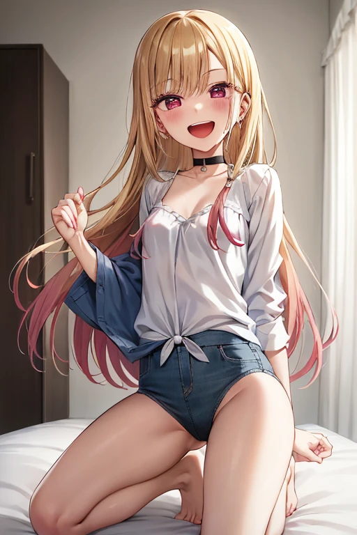 ((Best Quality)), ((masterpiece)), (be familiar with),  perfect face, indoor, bedroom,  watching viewers ,
One woman,  Kitakawa Kaiumi,
 characters with open mouth ,  ecstatic expression, blush, smile,
Small breasts,  flat chest, Young girl, Lori,  s,  girl,
Long Hair,  long hair,
Leg spread,