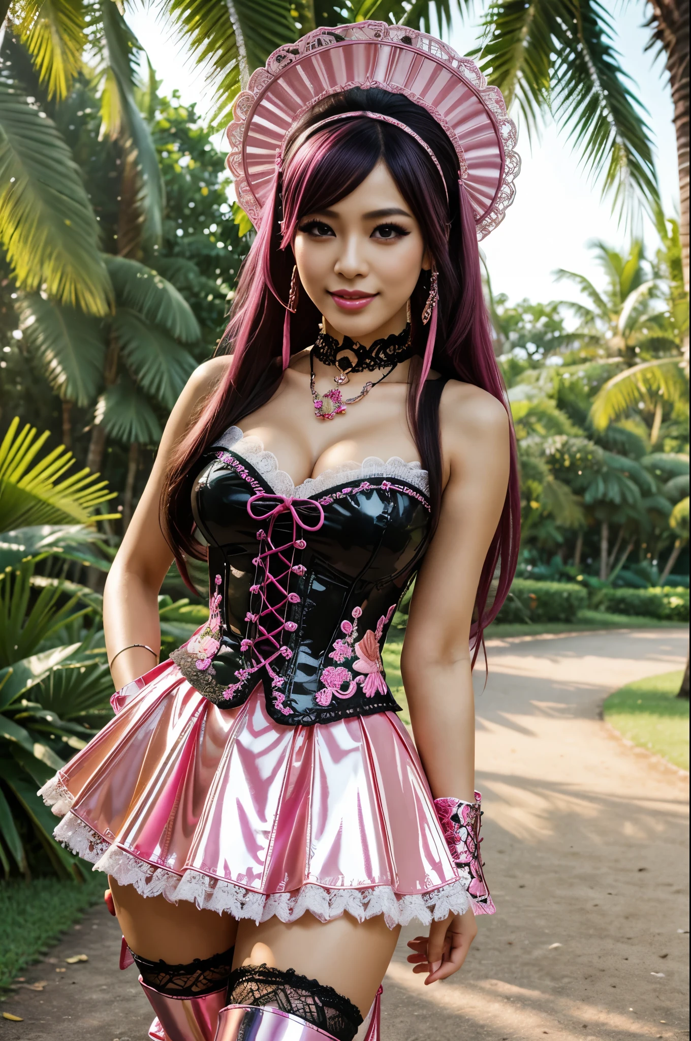 sexy stylish Thai model, only 1 female, long neon pink stylish hair, ((shiny Victorian-Style boots)), beautiful smile, ultra detailed eyes, vivid eye makeup, lipgloss, long lashes, defined eyebrows, ((sexy Paradise Kiss cosplay)), bell-shaped skirt, petticoats, high neckline, puffed sleeves, (( ultra detailed lace)), ((ultra detailed embroidery)), intricate details, Paradise Kiss accessoires and matching headpiece, choker, ((large sparkling Paradise Kiss jewelry)), cinematic light, detailed large park background with trees