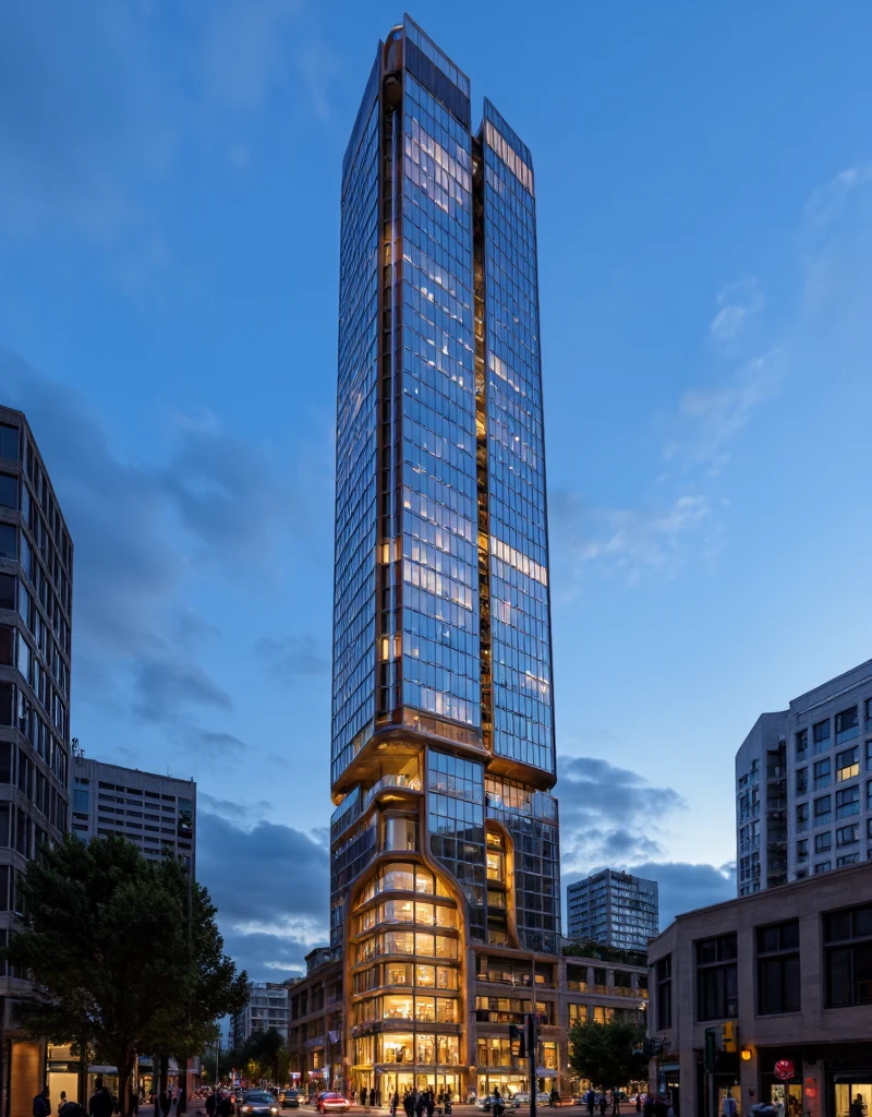 This image presents a sleek, modern skyscraper dominating an urban landscape. The design is contemporary, emphasizing height and clean lines. The image appears to be an architectural rendering.
Here's a breakdown:
Skyscraper Design: The skyscraper is exceptionally tall and slender, with a predominantly glass facade. The top of the tower features a distinctive curved and slightly split design, adding a unique architectural element. The lower portion of the building appears to transition into a more golden or bronze hue, contrasting with the bluish glass above. This could be a different material or a lighting effect. The vertical lines of the building are emphasized, creating a sense of height and strength.
Urban Setting: The skyscraper is situated in a dense urban environment, surrounded by other tall buildings, streets, and what appears to be an elevated roadway or light rail system. The presence of people walking and light trails from moving vehicles suggests an active urban center.
Lighting: The image is taken during twilight or early evening, with the sky displaying a gradient from deep blue to lighter shades. The skyscraper's lights are on, illuminating the interior and creating a warm glow, particularly in the lower section. Streetlights and lights from other buildings contribute to the urban ambiance suggests that it is a professional architectural rendering.
Overall Impression: The skyscraper conveys a sense of modern sophistication and architectural innovation. Its sleek design, towering height, and prominent placement within the urban landscape make it a focal point. The lighting enhances its visual appeal, creating a striking contrast against the darkening sky. The image suggests a thriving urban center with a focus on modern architecture and design. Best Quality,Masterpiece, UHD, 8k, Stunning,Eye-catching,Sharp edge render, Award winner design in 2024, Photorealistic, High-Resolution, Detailed, Accurate, Vibrant, Dynamic Lighting, Textured, Per