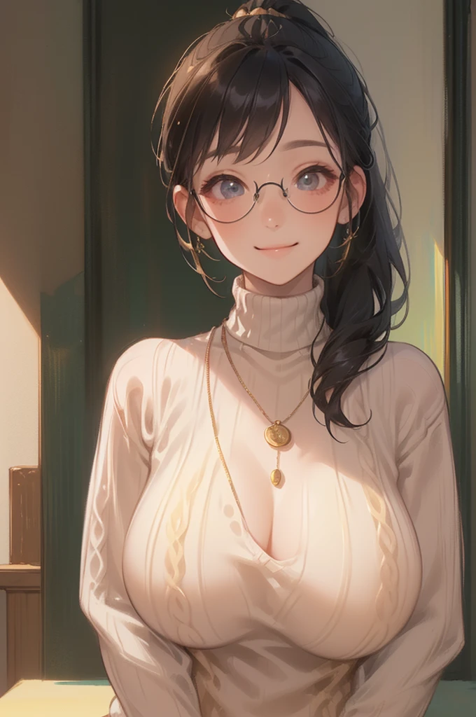 ((Big Breasts:1.5))、((( long ponytail upped:1.9、 Black Hair、Glasses、 gold necklace)))、((turtleneck white sweater:1.4))、((A cheerful expression:1.4))、 PORTRAIT、 Closeup 、 Libraries 、Wall of books 、masterpiece、Best Quality、 elaborate details 、 real、