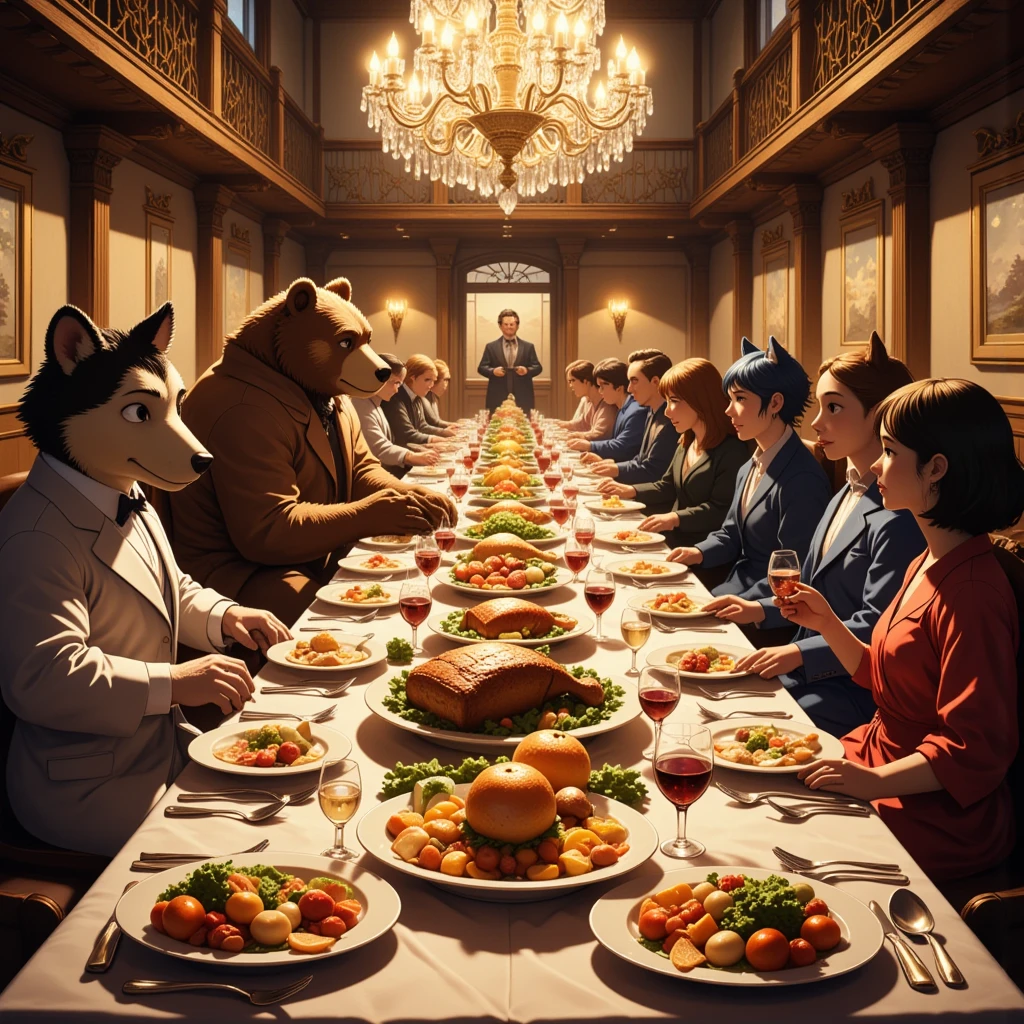 A luxurious gourmet dinner hosted by an anthropomorphic bear in a grand dining hall. The bear humanoid, dressed in elegant attire, stands at the head of a long, beautifully decorated table filled with an array of delicious dishes. The table is adorned with gourmet foods, including roasted meats, fresh seafood, vibrant salads, decadent desserts, and fine wines. The warm lighting from chandeliers casts a golden glow on the scene, highlighting the intricate table settings with silverware and crystal glasses. Guests, both human and animal-like, are seated around the table, laughing and enjoying the feast. The overall atmosphere is joyful, with a sense of celebration and happiness filling the room, making it a perfect gathering of friends and family. Gourment Collection

(gourmet dinner, anthropomorphic bear, luxurious dining, elegant attire, delicious dishes, roasted meats, seafood, vibrant salads, decadent desserts, fine wine, warm lighting, chandeliers, intricate table setting, silverware, crystal glasses, joyful atmosphere, celebration, happy gathering)