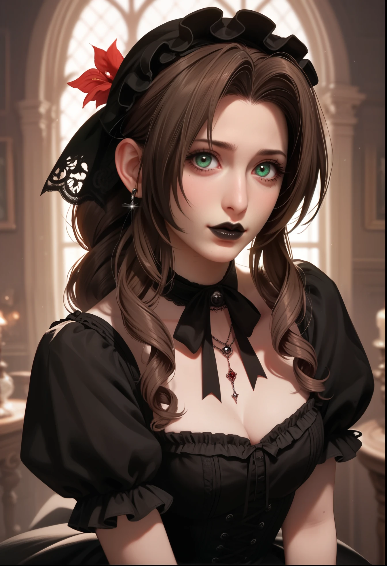 Aerith Gainsborough, gothic ta cosplay, piercings, black lipstick, stoic, spooky mansion,