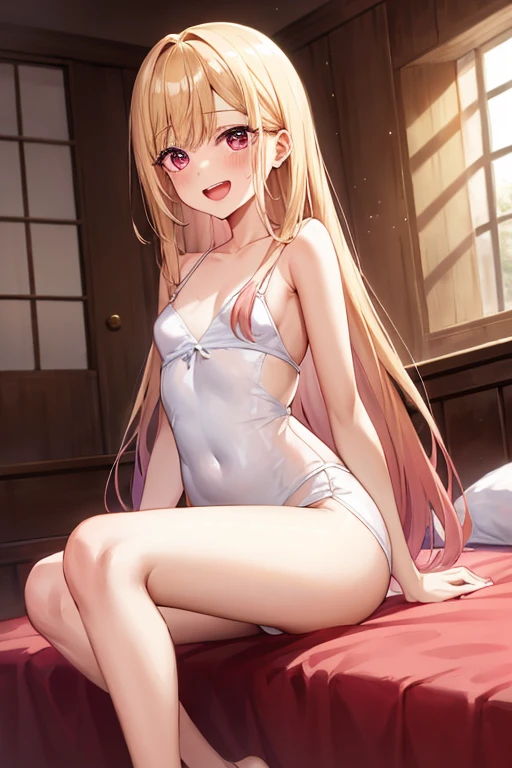 ((Best Quality)), ((masterpiece)), (be familiar with),  perfect face, indoor, bedroom,  watching viewers ,
One woman,  Kitakawa Kaiumi,
 characters with open mouth ,  ecstatic expression, blush, smile,
Small breasts,  flat chest, Young girl, Lori,  s,  girl,
Long Hair,  long hair,
Leg spread,