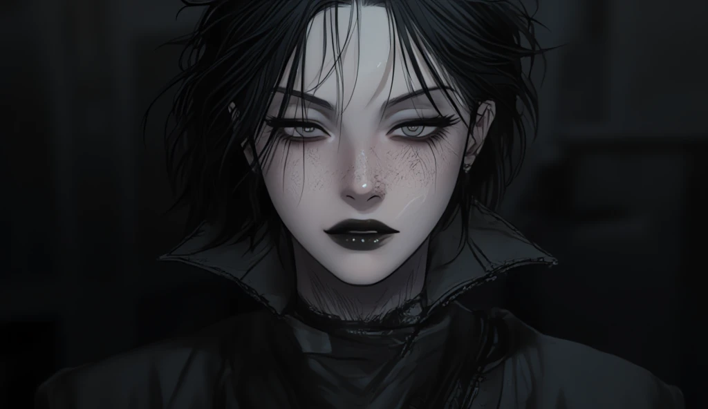 ((masterpiece)), Ultra-realistic, portrait of a beautiful pale-skinned vampire with (black lips), a deep dark makeup, bright blue eyes, in a dark and gloomy environment.dark_skinned_female,dark_skin,lipstick