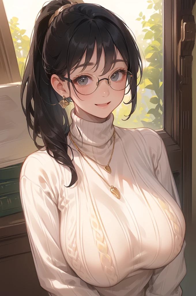 ((Big Breasts:1.6))、((( long ponytail upped:1.9、 Black Hair、Glasses、 gold necklace)))、((turtleneck white sweater:1.4))、((A cheerful expression:1.4))、 PORTRAIT、 Closeup 、 Libraries 、Wall of books 、masterpiece、Best Quality、 elaborate details 、 real、