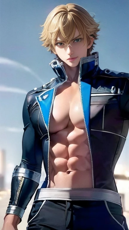 (High-definition CG), (Best Quality),   superhero with a beautiful body, Hero Costumes , Handsome and cool young man ,   Slim and Muscular  , The skin is brown,  blond hair, Frivolous