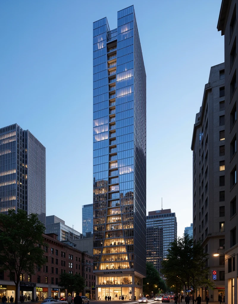 This image presents a sleek, modern skyscraper dominating an urban landscape. The design is contemporary, emphasizing height and clean lines. The image appears to be an architectural rendering.
Here's a breakdown:
Skyscraper Design: The skyscraper is exceptionally tall and slender, with a predominantly glass facade. The top of the tower features a distinctive curved and slightly split design, adding a unique architectural element. The lower portion of the building appears to transition into a more golden or bronze hue, contrasting with the bluish glass above. This could be a different material or a lighting effect. The vertical lines of the building are emphasized, creating a sense of height and strength.
Urban Setting: The skyscraper is situated in a dense urban environment, surrounded by other tall buildings, streets, and what appears to be an elevated roadway or light rail system. The presence of people walking and light trails from moving vehicles suggests an active urban center.
Lighting: The image is taken during twilight or early evening, with the sky displaying a gradient from deep blue to lighter shades. The skyscraper's lights are on, illuminating the interior and creating a warm glow, particularly in the lower section. Streetlights and lights from other buildings contribute to the urban ambiance suggests that it is a professional architectural rendering.
Overall Impression: The skyscraper conveys a sense of modern sophistication and architectural innovation. Its sleek design, towering height, and prominent placement within the urban landscape make it a focal point. The lighting enhances its visual appeal, creating a striking contrast against the darkening sky. The image suggests a thriving urban center with a focus on modern architecture and design. Best Quality,Masterpiece, UHD, 8k, Stunning,Eye-catching,Sharp edge render, Award winner design in 2024, Photorealistic, High-Resolution, Detailed, Accurate, Vibrant, Dynamic Lighting, Textured, Per