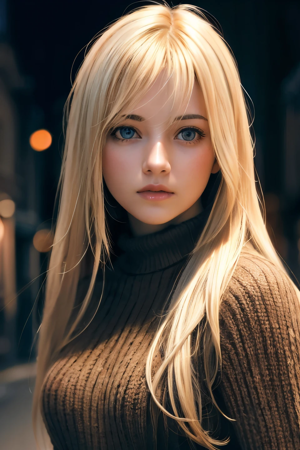 Best quality, masterpiece, ultra high res, (photorealistic:1.4), raw photo, 1girl, long hair, blonde messy hair, bang,  detailed eyes and face, frowning, brown sweater, medium breasts,  dynamic lighting, in the dark, floating hair, quiet street, deep shadow, low key, cowboy shot