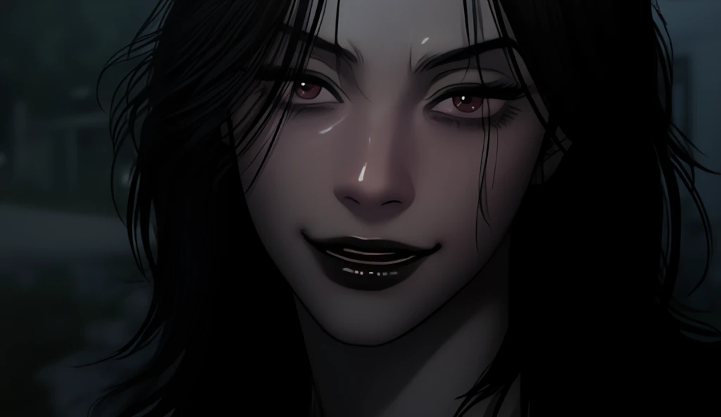 ((masterpiece)), Ultra-realistic, portrait of a beautiful dark-skinned vampire with (black lips), a deep dark makeup, bright blue eyes, in a dark and gloomy environment.dark_skinned_female,dark_skin,lipstick,smirk