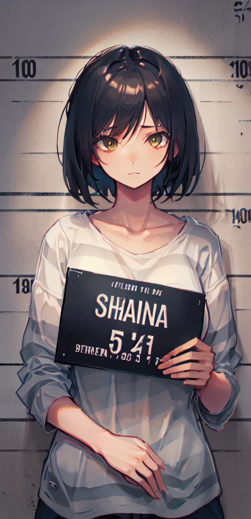 masterpiece, best quality, illustration, mugshot, height chart, 1girl, upper body, holding sign, looking at viewer, medium breasts, short black hair, narrowed yellow eyes, prison clothes, striped shirt
 