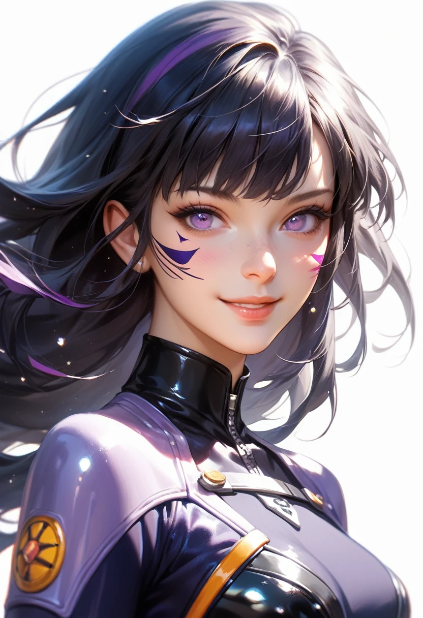 masterpiece, best quality, very aesthetic, absurdres, 1girl, kaisa, 1girl, black hair, long hair, purple eyes, facial mark, bodysuit, smile, upper body, looking at viewer, solo, simple background, white background 