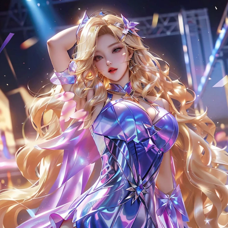 best quality,best quality, 1girl, solo, long hair, breasts, looking at viewer, blue eyes, skirt, blonde hair, gloves, dress, animal ears, bare shoulders, jewelry, medium breasts, earrings, parted lips, fox ears, fox tail, facial mark, multiple tails, whisker markings, purple gloves, pink gloves, ahri \(league of legends\)