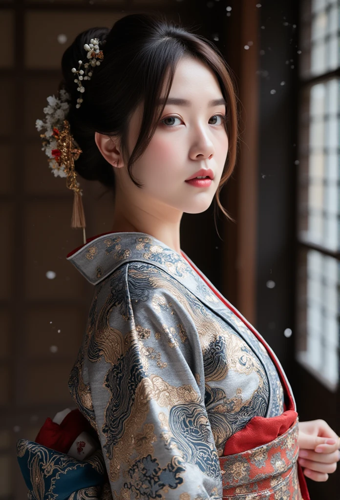 (Beautiful model in Japanese kimono commercial), (solo), ((face is 80% beauty and elegance, 20% pretty and cute:1.5)), (Her roots are in Eastern Europe and Asia), clear eyes, (detailed eyes, light brown eyes, bright pupils), Double Eyelids, (sexy lips with a little thickness:1.2), super detailed and incredibly high resolution Kimono, Highly Detailed Face Texture, striking body shape, curvy and very attractive woman, high-resolution RAW color photo pro photo, BREAK ultra high-resolution textures, High-res body rendering, big eyes, unparalleled masterpiece, incredible high resolution, super detailed, stunning ceramic skin, BREAK (Wearing a shiny silver kimono of the Rimpa school with lots of Rinpa silver colors), (The main color is Rinpa shiny silver, with a gradation from black to silver from the hem side to the collar), (elaborately made classical Japanese shiny silver Kimono), ((The embroidery patterns are Japanese dragon, clouds, mountains, and rivers)), (An obi that goes well with this kimono), ((shiny silver Kimono with elaborate and elegant embroidery)), (The background is a night scene with a little snow falling) BREAK ((Best Quality, 8k)), Crisp Focus:1.2, (Layer Cut, Big:1.2), (Beautiful Woman with Perfect Figure:1.4), (Beautifully shaped and big breasts:1.3), Slender waist, (Correct hand shape:1.5), (Full body shot | cowboy shot | back view)