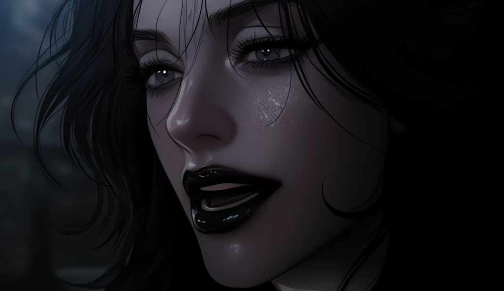 ((masterpiece)), Ultra-realistic, portrait of a beautiful dark-skinned vampire with (black lips), a deep dark makeup, bright blue eyes.dark_skinned_female,dark_skin,lipstick,smirk