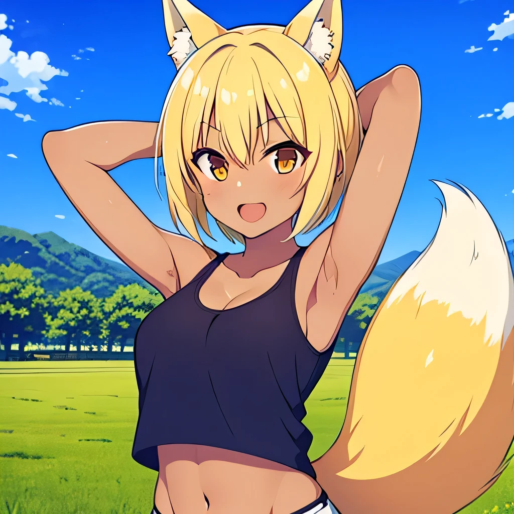 (masterpiece, best quality:1), 1girl, fox girl, fox ears, fox tails, blonde hair, short hair, golden eyes, {dark skin, shiny skin, tan, },  medium breasts, deep cleavage, upper body, **** face, short stature, hands behind head, tank top, crop top outfit, short shorts, band-aid on the cheek, tomboy, summer scenery in the Japanese countryside, smile, open mouth, boyish, 