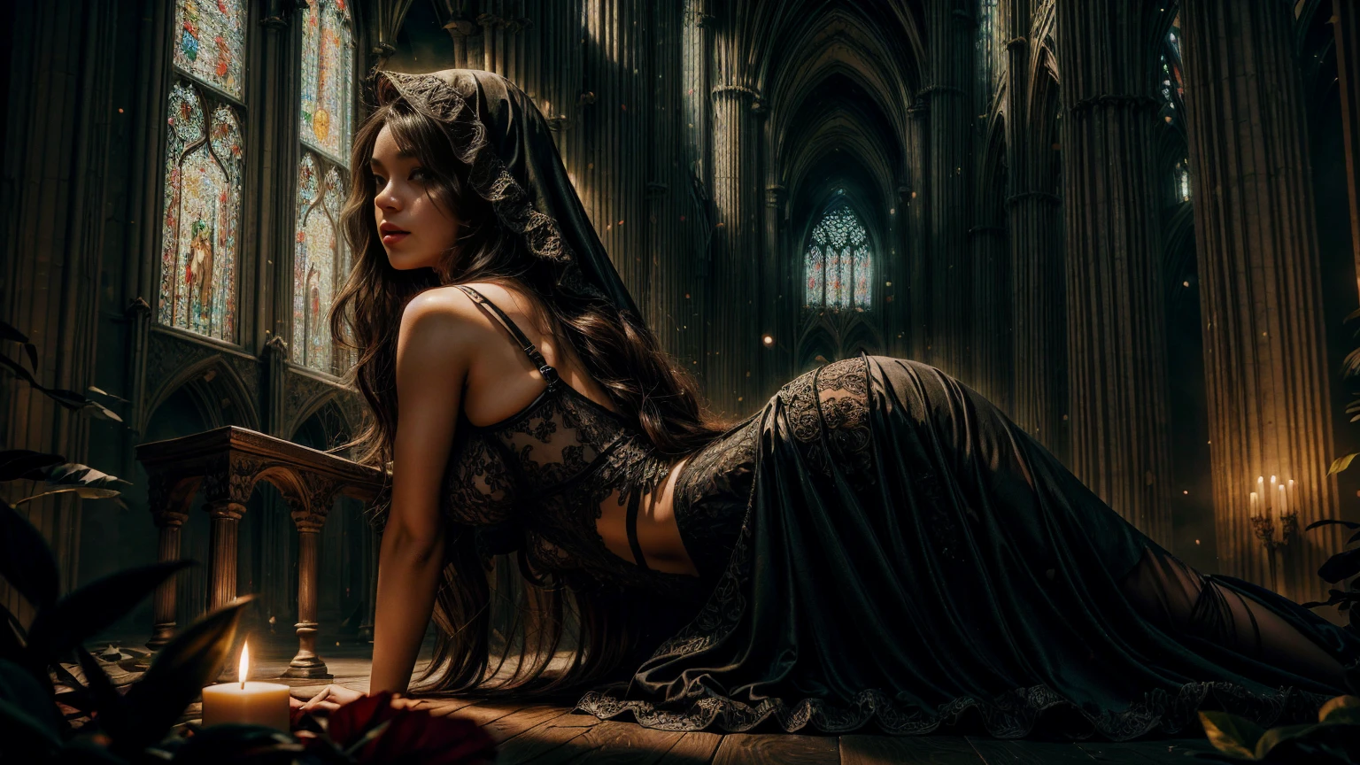 A sexy nun with seductive eyes and pouty lips, wearing a revealing black lace gown and high heels, gracefully poses in a dimly lit cathedral. Her long, wavy hair, framing her alluring face. The detailed folds of her gown create a sense of mystery and intrigue, while the soft candlelight casts a warm glow on her flawless skin. The artwork is a masterpiece of photorealistic beauty, captured with high-resolution precision and ultra-detailed rendering. The vibrant colors add depth and richness to the scene, with a touch of bokeh in the background, creating an ethereal atmosphere. The overall composition exudes sensuality and sophistication, making it a captivating portrait in the genre of erotic art. (subtle nudity:1.0)