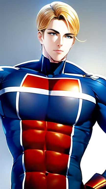 (High-definition CG), (Best Quality),   superhero with a beautiful body, Hero Costumes , Handsome and cool young man ,   Slim and Muscular  , The skin is brown,  blond hair, Frivolous